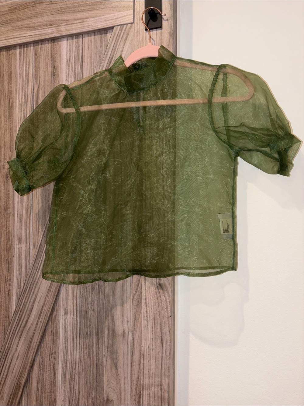 Urban Outfitters Olive Green Sheer Puff-Sleeve Blouse